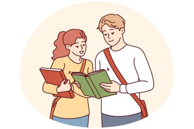 Kitabı olan mutlu öğrenciler okul sınavına ya da derse hazır olun. Üniversitede dersten önce ders kitaplarıyla gülümseyen bin yıllık insanlar. Vektör illüstrasyonu.