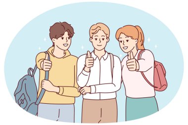 Sırt çantalı mutlu öğrencilerin portresi. İyi bir eğitim için başparmak gösteriyorlar. Gülümseyen gençler üniversiteyi veya üniversiteyi tavsiye eder. Vektör illüstrasyonu.