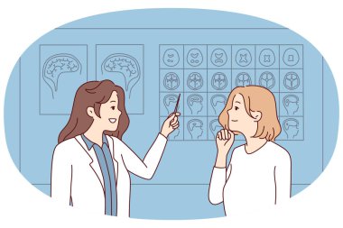 Kadın doktor, hastanedeki düşünceli kadın hastaya beyin görüntülerini gösteriyor. Nörolog klinikteki hastaya danışıyor. MRI ve nöroloji. Vektör illüstrasyonu.
