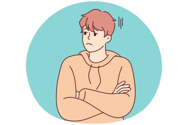 Mutsuz genç adam, sıkılmış ve sıkıntılı hissederek yana bakıyor. Milenyum adamı haberlerden ya da durumdan memnun değil. Stres ve yalnızlık. Vektör illüstrasyonu.