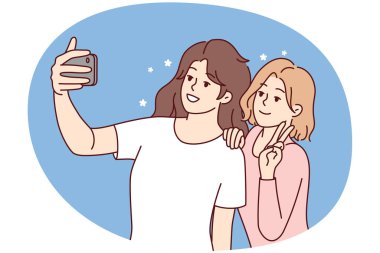 Birlikte akıllı telefondan selfie çeken gülümseyen kızlar. Mutlu kadınlar modern cep telefonu kamerasıyla kendi portresini çekerken eğleniyor. Vektör illüstrasyonu.