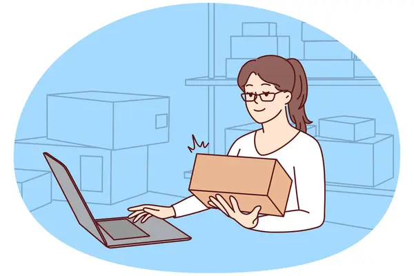 stock vector Smiling woman working on computer on warehouse forming orders. Happy female employee busy with packages on storage depot. Vector illustration.