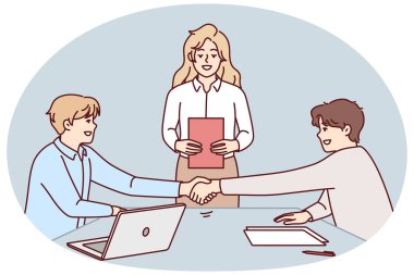 Ofis toplantısında insanlar el sıkışır. Gülümseyen işadamları brifingde el sıkışıyorlar. İş ve ortaklık. Vektör illüstrasyonu.
