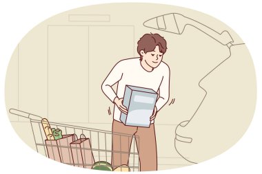 Mutluluk dolu genç bir adam alışveriş malzemelerini arabaya yüklüyor. Gülümseyen adam, süpermarketten çıkan ürünleri otomobillere koyuyor. Alışveriş konsepti. Vektör illüstrasyonu.