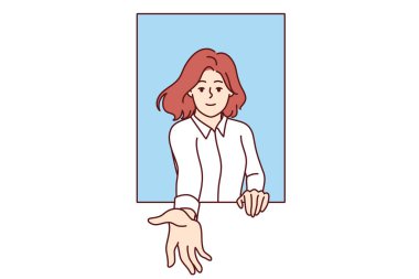Kadın elini uzatıyor ve beni takip edin diyor, pencereden dışarı bakıp destek ya da bedava yardım sağlıyor. Gülümseyen iş kadını beni takip ediyor, sizi girişimciler için iş eğitimine davet ediyor.