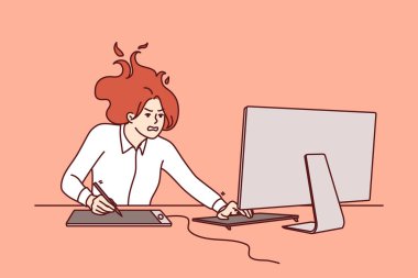 Sinirli kadın serbest çalışan bilgisayar başında oturuyor, projeyi tamamlamak için verilen kısıtlı süre nedeniyle baskı hissediyor. Tüylü saçlı bir kız büro masasında monitörle son teslim tarihine yetişmeye çalışıyor.