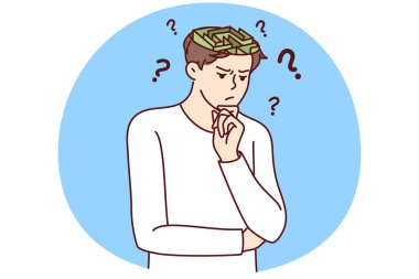 Kafasında labirent olan kafası karışmış genç bir adam sorunlu bir çözüm düşünüyor. Hüsrana uğramış erkek, sorunu çözmeyi düşünerek karar verir. İkilem. Vektör illüstrasyonu.