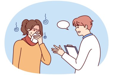 Değer veren erkek doktor, sağlıksız bir kadının grip ya da soğuk algınlığı yüzünden hapşırmasına yardım ediyor. Terapist ya da pratisyen hekim, kovid 19 ile boğuşan hasta kıza danışıyor. Vektör illüstrasyonu.