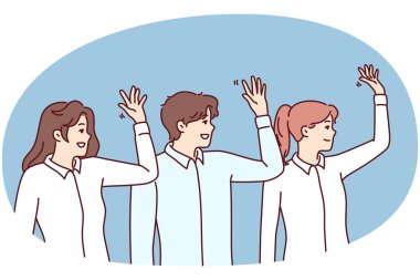 Ofis kıyafetleri içinde neşeli erkek ve kadınlar merhaba jesti yapıyor. Sıraya dizilmiş iş adamları, şirketin finansal performansını artırmak için fikirlerini dile getirmek üzere ellerini kaldırıyorlar. Düz vektör resmi