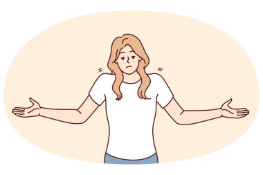Kararsız bir kadın sorulan soruya doğru cevap vermediğini göstermek için ellerini kaldırır. Gündelik giysiler içinde profesyonel olmayan bir kız ortaya çıkan sorunlara çözüm bulmakta yetersiz kalıyor. Düz vektör resmi