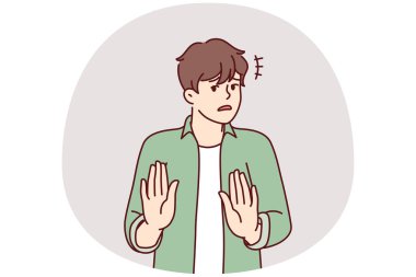 Kafası karışmış adam ellerini uzatıyor ve yanlış eylemleri durdurmak ya da durdurmak için avuç içi çağrılarını gösteriyor. Utangaç genç adam, zararlı ya da sahte bilgilerin yayılmasını engellemek için arıyor. Düz vektör illüstrasyonu