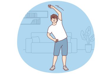 Genç adam koşmadan ya da spor yapmadan önce iç mekanda ısınma hareketleri yapıyor. Şort ve tişört giyen öğrenci yaşındaki bir adam sağlıklı bir hayat sürüyor ve sabahları esneme hareketleri yapıyor. Düz vektör resmi
