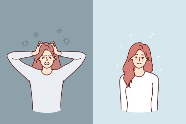 Psikolojik durumu farklı olan bir kadın zihinsel bozukluktan dolayı kafasını sıkıyor ve iyileştikten sonra gülümsüyor. Psikolojik sağlık kavramı ve psikoterapiste gitmenin ya da antidepresan almanın önemi