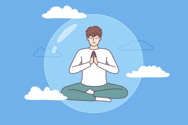 Meditasyon yapan bir adam, nilüfer pozisyonunda yoga yapar şeffaf kabarcıklar içinde gökyüzünde uçar ve zen egzersizleri yapar. Adam, meditasyon ve yoga sayesinde ortaya çıkan hayali bir kozayla korunuyor.