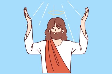 Hıristiyan dininden İsa Mesih el kaldırıyor ve eski ahitteki kehanetlerin yerine getirildiğini duyuruyor. Katolik kitapları ve ortodoks web sitelerinde dekorasyon için İsa 'nın ikinci gelişi
