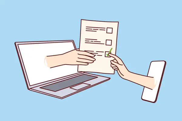 Stock vector Synchronization of laptop and mobile phone for convenient turnover document and transfer of checklist or task plan. Synchronization of gadgets thanks to single eco-system and modern software