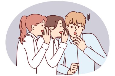 Genç adam, iki kız tarafından söylenen iş arkadaşları ya da arkadaşları hakkındaki sır karşısında şok olur. Kadınlar ya erkek erkeğe dedikodu yaparlar ya da patronlarına diğer çalışanların suistimallerini anlatırlar. Düz vektör illüstrasyonu