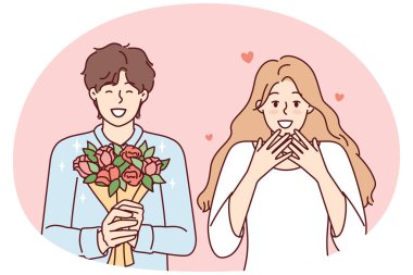 Elinde çiçekler olan romantik bir adam ve erkek arkadaşından hediye buketi alan mutlu bir kadın. Aşık bir kız doğum gününde ya da Sevgililer Günü 'nde tebrik edildikten sonra mutlu olur. Düz vektör tasarımı