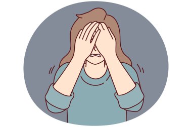 Üzgün bir kadın ağladığında ya da korkunç bir şey gördüğünde gözlerini ellerle kapatır. Gergin kız, erkek arkadaşından ayrıldıktan sonra stres ve depresyon yaşıyor ya da iş yerinde sorunlar yaşıyor. Düz vektör tasarımı