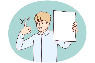 Adam beyaz kağıt gösteriyor ve serin yatırım teklifini önermek için parmağını kaldırıyor. Gömlekli genç adam iş konsepti için belge gösteriyor. Düz vektör illüstrasyonu