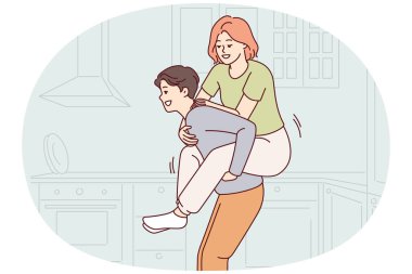 Neşeli bir adam, kendi dairesini aldıktan sonra mutfakta eğlenirken kadını eve bırakıyor. Mutlu evli çift uzun zamandır beklenen hafta sonunun tadını çıkarın. Düz vektör tasarımı