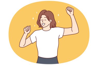 Happy smiling woman waving hands rejoice meeting cool guy or invitation to first date. Cheerful casual lady performs victory dance in honor of receiving highly paid joboffers. Flat vector image clipart