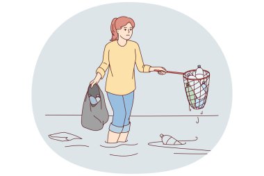 Üzgün kadın, kepçe kullanarak şişeleri çıkararak okyanusu plastik çöplerden temizliyor. Çevreci kız ve gönüllü olarak doğayla ilgileniyor çöpleri denize atıyor. Düz vektör tasarımı