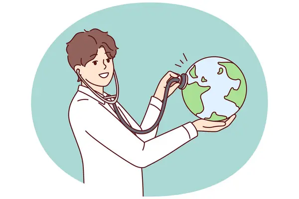 stock vector Man doctor applies stethoscope to globe demonstrating care for ecology and nature. Eco-activist guy in white coat wants to help reduce harmful emissions on planet. Flat vector illustration