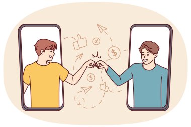 Ekrandan dışarı bakan iki adam uzaktan konuşan yumruklarla birbirlerini selamlıyorlar. Sosyal ağlardaki mesajlaşma metaforu ve akıllı telefondaki internet kuryeleri. Düz vektör resmi
