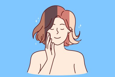 Çok renkli saç stili olan kadın imajını değiştirmeyi ve yeni saç boyası seçmeyi düşünüyor. Mutlu yüzlü ve çıplak omuzlu genç kız daha güzel olmak için saç rengini değiştirmek istiyor..