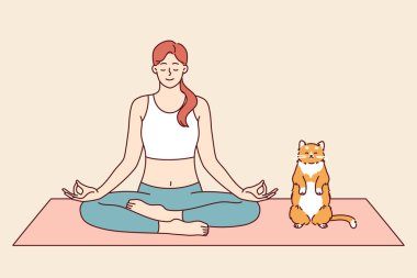 Kadın kediyle yoga yapıyor, Zen veya Asana 'dan Lotus pozisyonunda meditasyon yapıyor. Evcil hayvan sahibi, Budist öğretilerinden psikolojik rahatlık elde etmek için yoga ve eğitime düşkün olan ev sahibini taklit ediyor.