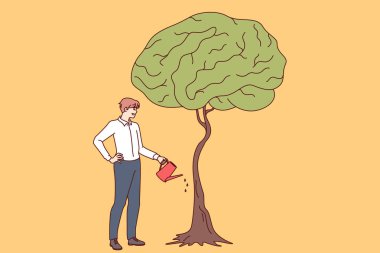 İşadamı, iş eğitiminin metaforu olarak yaprakları beyin şeklinde ağaçlara su vererek kendi zekasını geliştirir. Girişimci adam yeni bir bilgi edinmeyi ve beyni geliştirmeyi önemser.