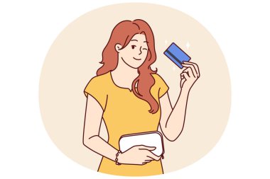 Banka kartı ile göz kırpan bir kadın güvenilir bankacılık ya da büyük miktarda nakit para ile kredi ürünü kullanmamızı öneriyor. Kız, kelepir alım veya ATM 'den para çekme amaçlı kredi kartı gösteriyor.