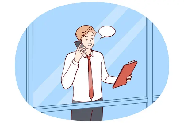 stock vector Man head of corporation is talking on phone negotiating with partners, view from behind window skyscraper. Successful guy manager or businessman holding telephone presentation to potential employees