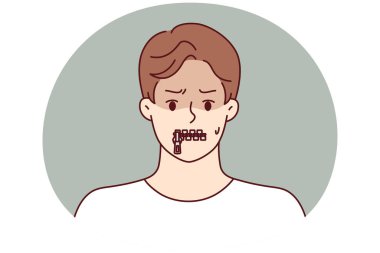 Dudakları fermuarlı sessiz adam uzlaşmacı bilgileri ya da istenmeyen fikirleri saklamaya çalışıyor. Kapalı ağızlı sessiz adam, otosansür ve korkaklıktan dolayı yorum ve dedikodu yapmayı reddediyor.