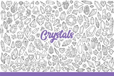 Mücevher veya pahalı muskalar yapmak için çeşitli şekillerde değerli kristaller. Doğanın yarattığı ve jeologlar tarafından toplanan güzel doğal kristaller ve mineraller. El çizimi karalama