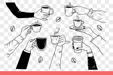 Elleri, doğal tahıllardan yapılan sıcak kahve fincanlarıyla canlanmak ve enerji kazanmak için. İnsanlar işten izin alıp gece içkileriyle birlikte Americano ya da cappuccino içer. El çizimi karalama
