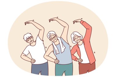 Yaşlılardan oluşan bir grup jimnastik yapıyor ve sağlıklı olmak için aktif bir yaşam sürüyor. Yaşlı erkekler ve kadınlar huzurevinde egzersiz yapıyor. Esneme hareketleri ve günlük spor yapıyorlar.