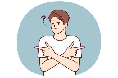 Kafası karışık bir adam farklı yönleri işaret ediyor. Bilinmeyen sonuçları olan zor bir kararı kabul etmeye çalışıyor. Kafası karışık adam iki seçenek arasından ne seçeceğini merak ediyor.