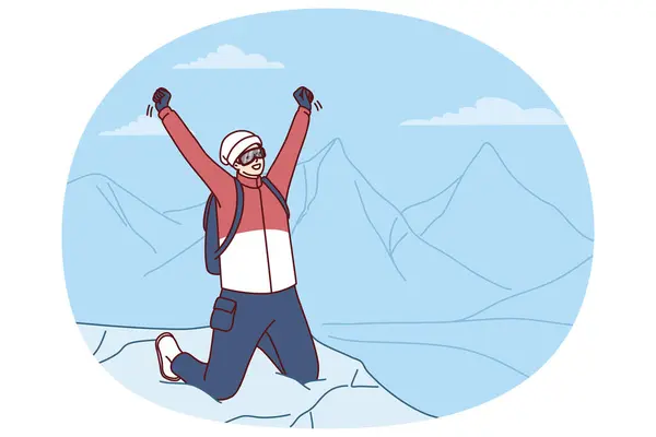 stock vector Inspired traveler man stands on mountaintop rejoicing at successful climbing Everest peak or new world record. Male tourist raises hands as sign of victory after climbing on hard to reach place