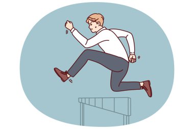 İş adamı, şirket veya rekor kıran istatistikler için başarı ve yeni müşteriler arayışındaki engelleri aşıyor. Liderlik vasıfları gösteren resmi bir iş adamı.