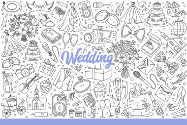 Gelin ve damat için düğün eşyaları ve konuklar için düğün partisi. Festivalsel gardırop unsurları ya da düğün davetiyesi tasarımı için çiçekli yiyecekler. El çizimi karalama.