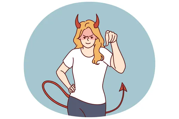 stock vector Woman demon with horns and tail points her finger at screen and looks at you aggressively. Evil demon girl threatens or tries to solve problems that have arisen with help of violence and aggression