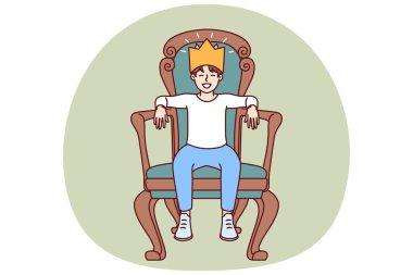 Little boy sits on throne with crown on head dreaming of growing up to be prince or king. Teenager boy in golden crown made of paper laughs with eyes closed and imagining monarchy. clipart