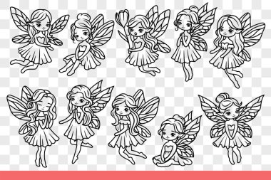 Çocuklar için peri masallarından kanatları olan sevimli periler dilekleri yerine getiren iyi prensesler hakkında. Hayali krallık ve fantastik yaratıklar hakkındaki efsanelerden küçük periler. El çizimi karalama