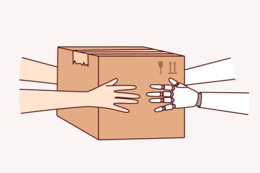 İnsan ve robot sinerjisi lojistikte birlikte çalışıyor ve karton kutuyu düzenle tutuyor. Robot, posta şirketinin kurye teslimatı ya da hizmet karşılama merkezi yoluyla insanlara yardım ediyor.