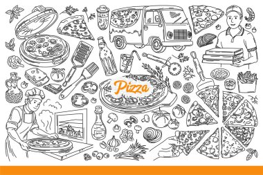 Pizza hazırlama ve teslimat aşamasında, aşçı ve yemek tarifi malzemelerinin yanında. Erkek kurye elinde pizza kutularını tutar ya da taş fırında ateşle hamur pişirir. El çizimi karalama
