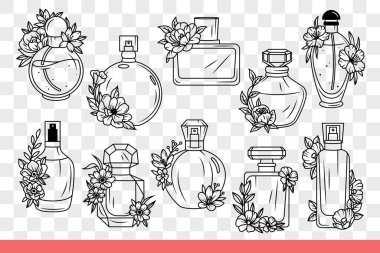 Lüks parfüm şişeleri doğal aromayı sembolize eden çiçeklerle süslenir. Zarif olmak ve başkalarını etkilemek isteyen kadınlar için hoş kokulu parfüm şişeleri. El çizimi karalama