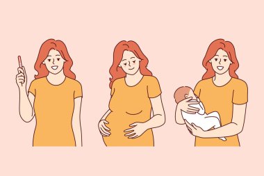 Hamilelik ve hamilelik aşamaları. Hamilelik testi ve bebeği elinde tutan kadınlarda. Hamile kız döllenmeyi öğrenir ve yeni doğan bebeği taşır, kız ya da erkek çocuk görünümüne sevinir.