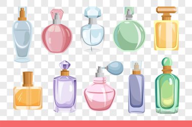 Doğal çiçeklerden yaratılan en iyi koku ve aromayı seçmek için farklı renkli şişelerdeki parfüm. Kompliman akşamına uzun soluklu esanslar eklenmiş kadın parfümü..